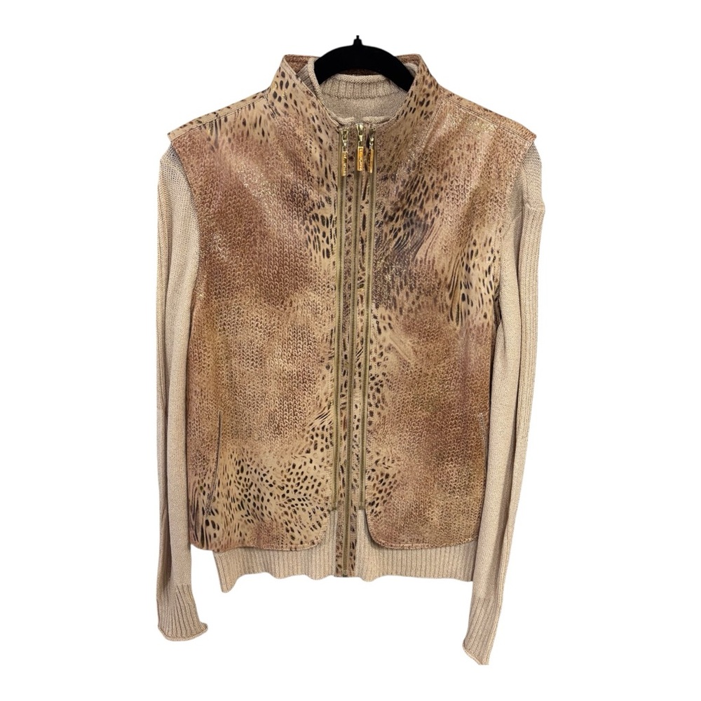 NWOT St John Sport Animal-Print Leather Zip Front Vest Knit Sweater Sz L